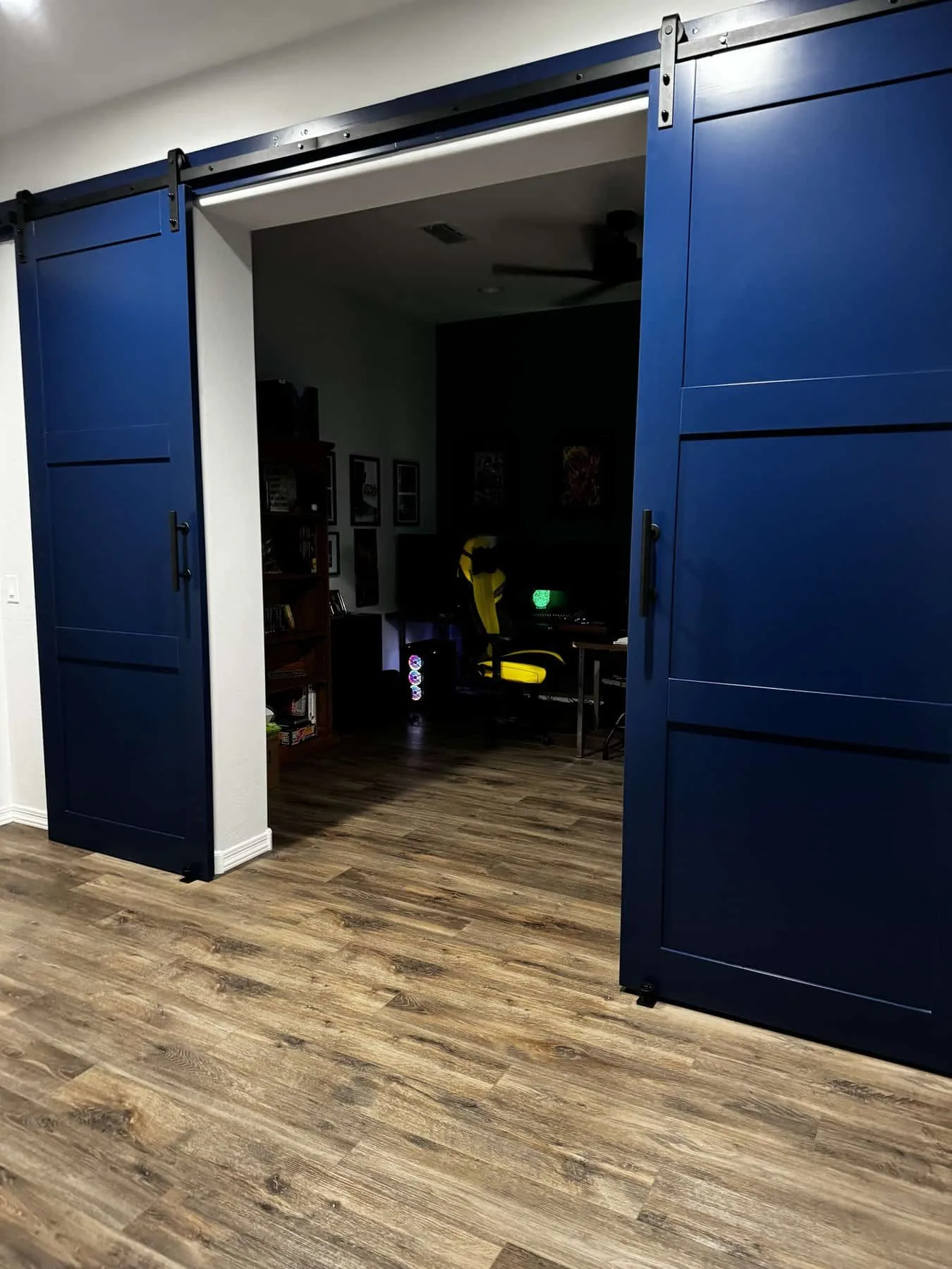 Blue Three Panel Shaker double barn doors