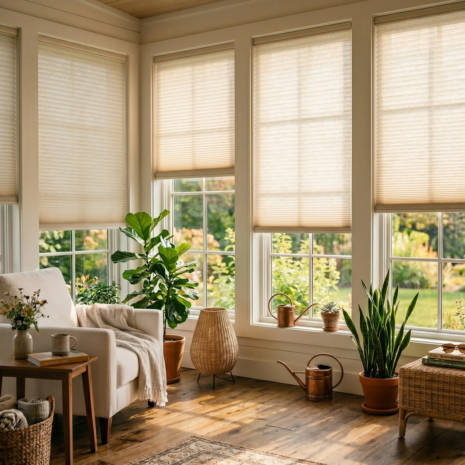 Cream cellular shades across sunroom windows