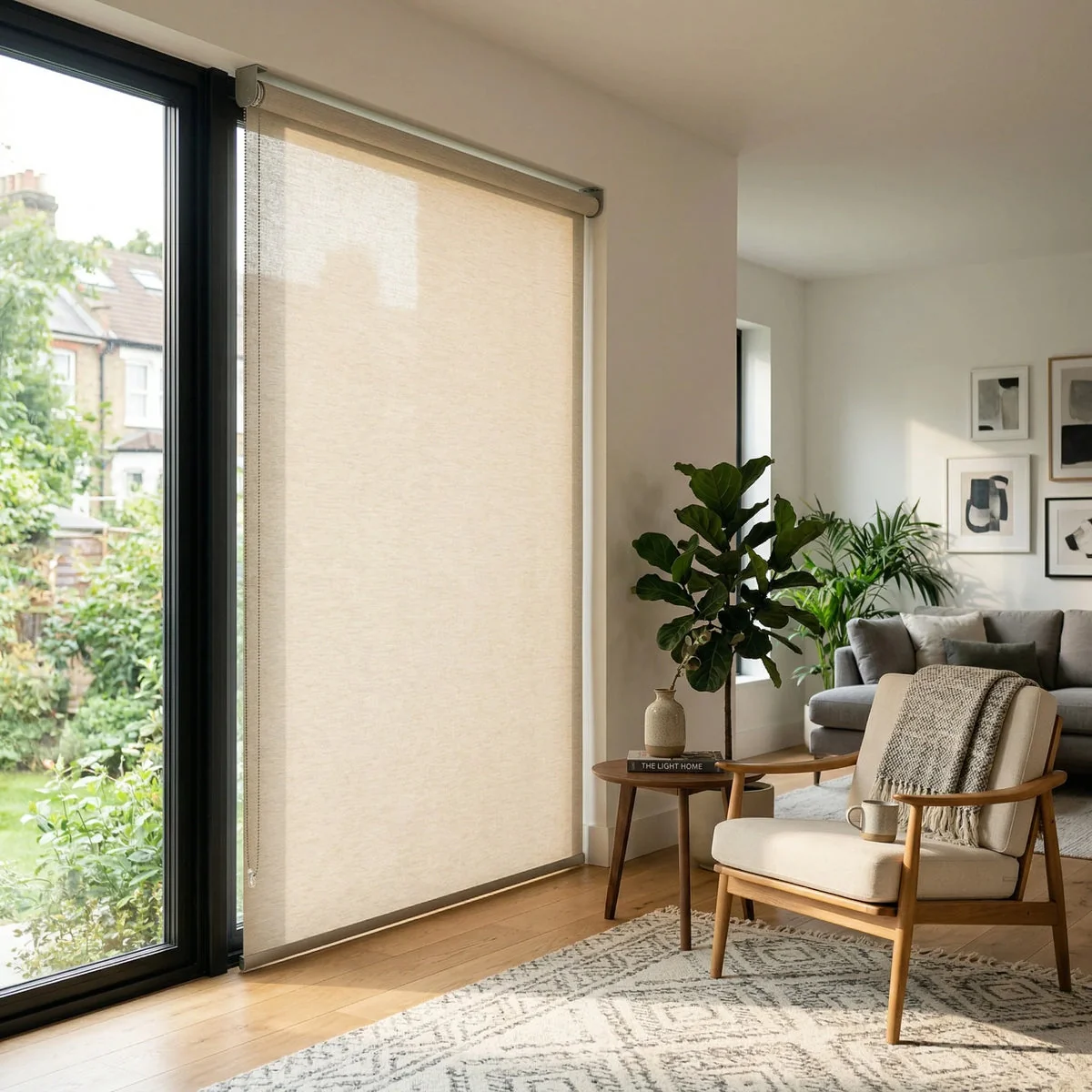 Cream light-filtering roller shade on a sliding glass door