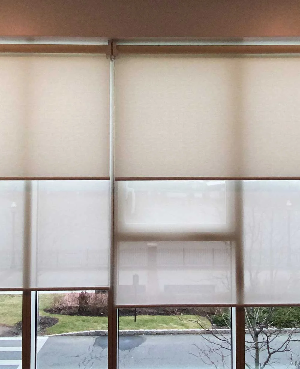 Day-night dual roller shades on a window