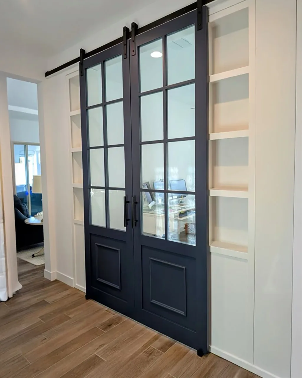 8-Lite French barn doors with raised panel base
