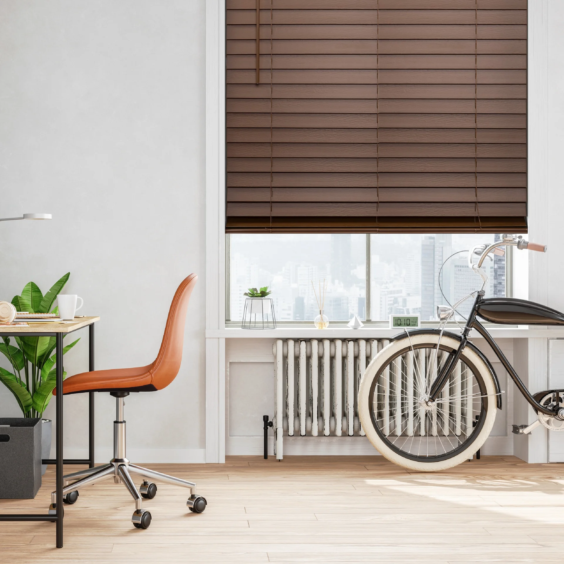 Espresso faux wood blinds in a home office