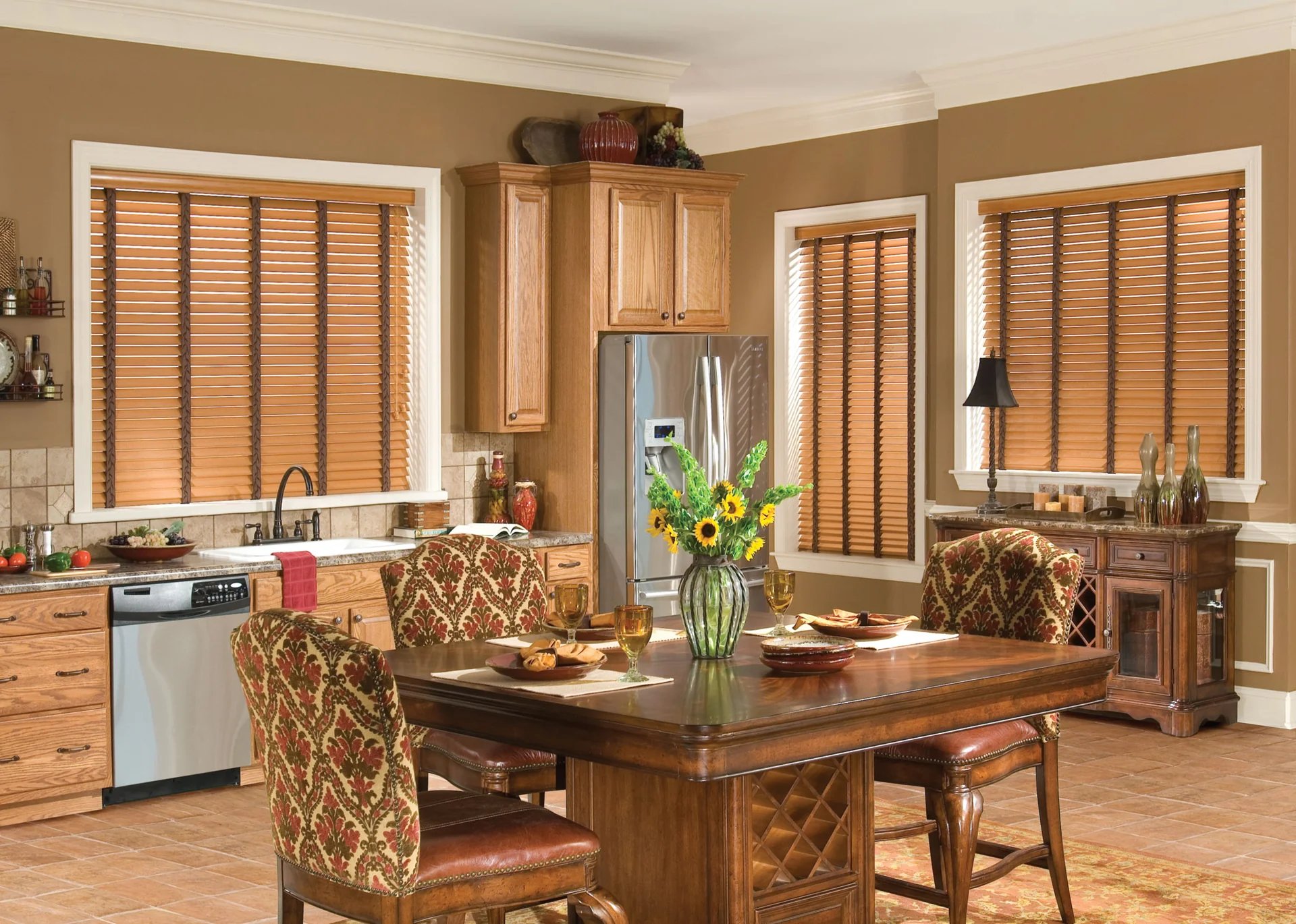Golden oak faux wood blinds in a kitchen dining area