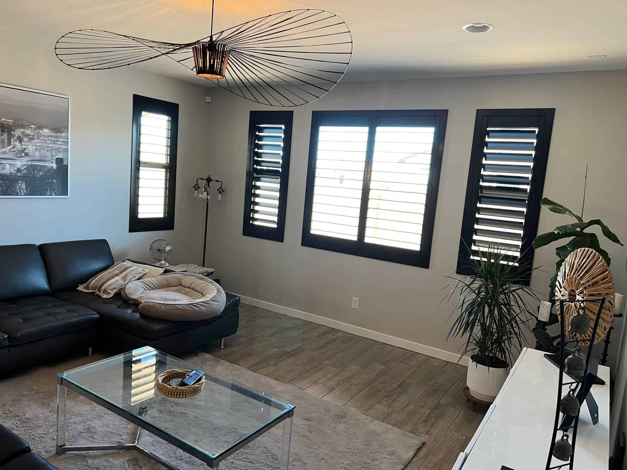 Black hardwood shutters in a modern living room