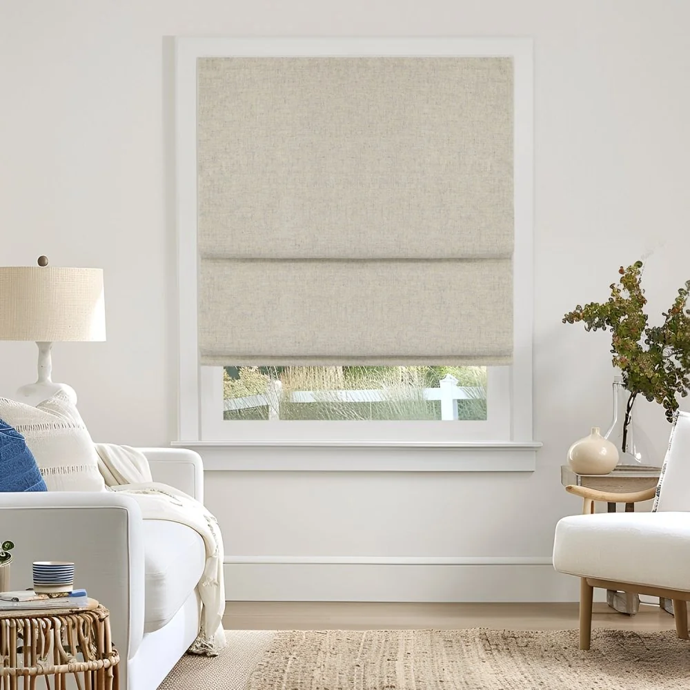 Ivory linen roman shade in a living room