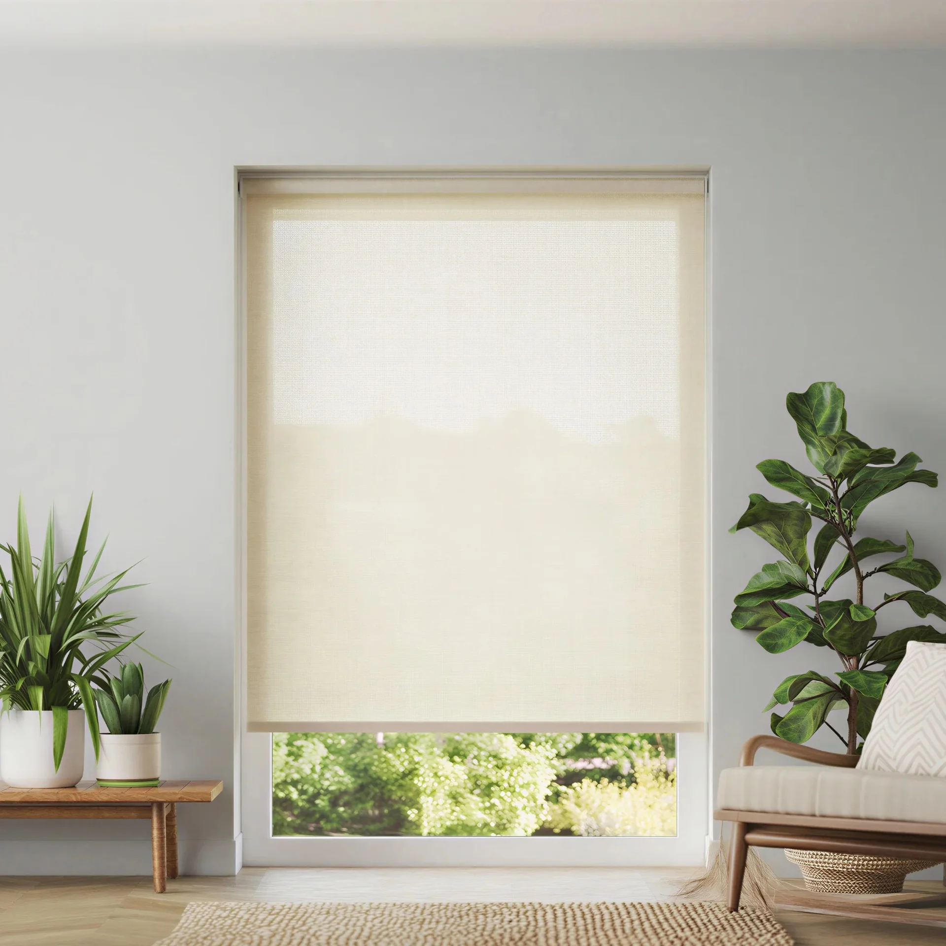 Ivory roller shade half open in a Phoenix living room