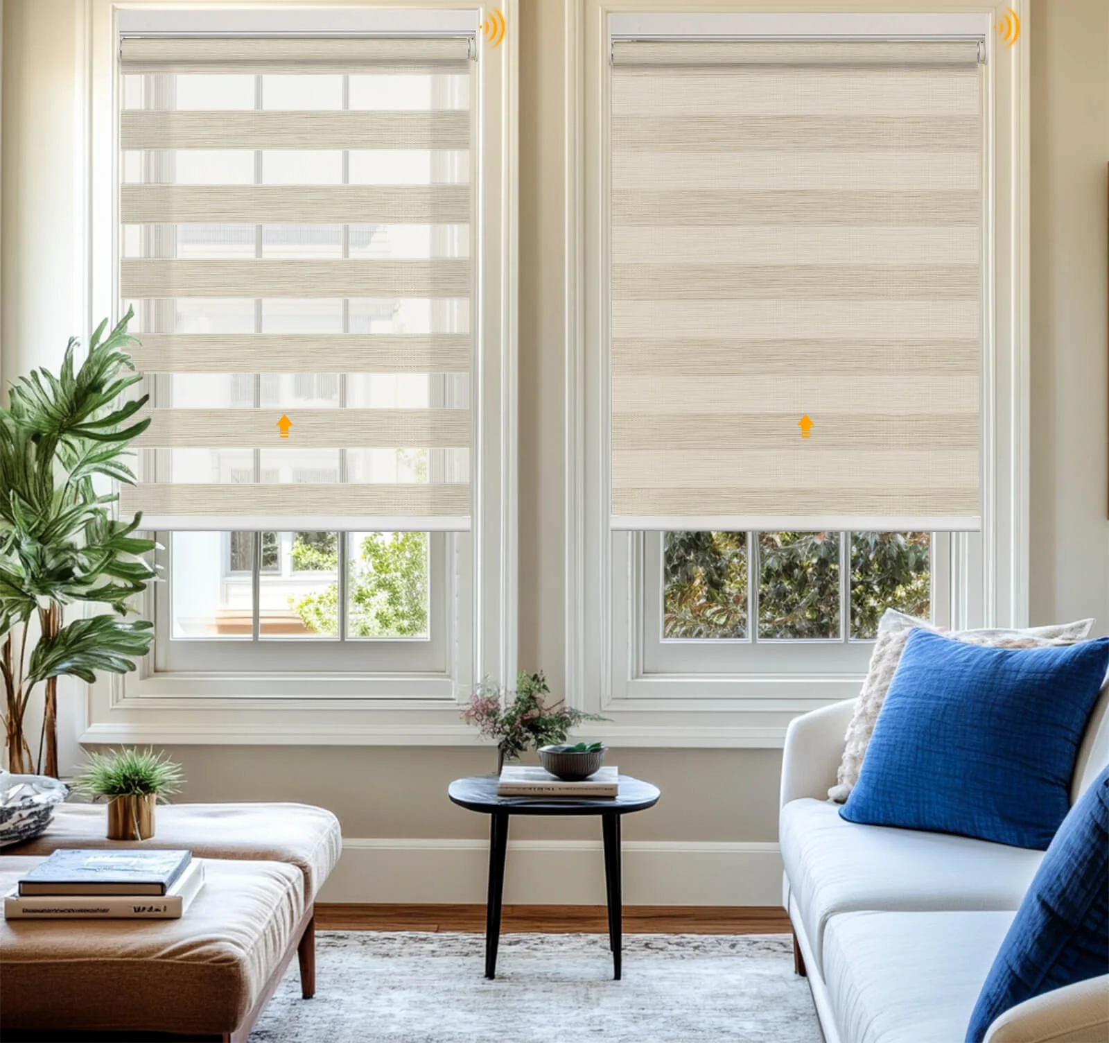 Linen zebra shades on double living room windows