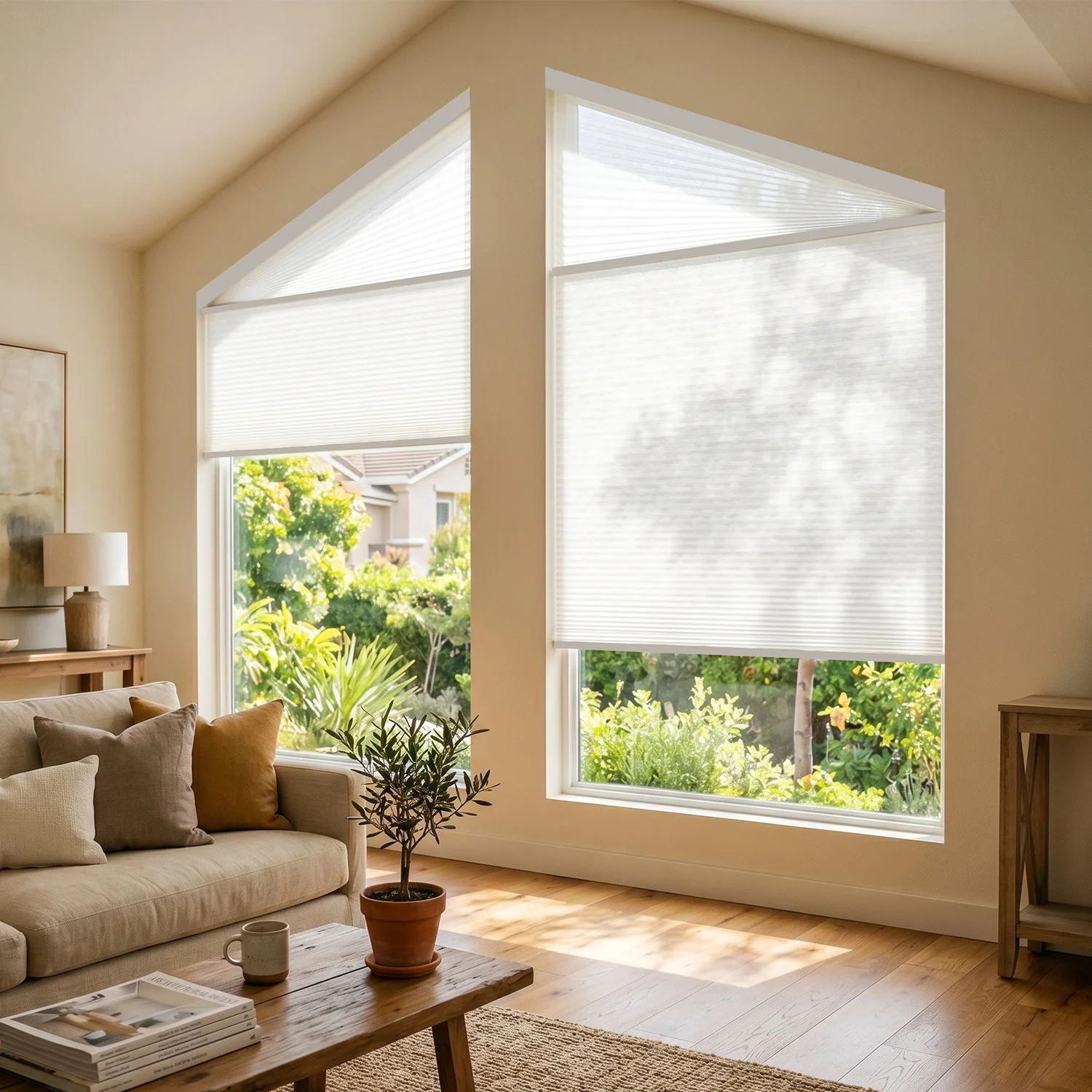 Motorized cellular shades on angled specialty windows
