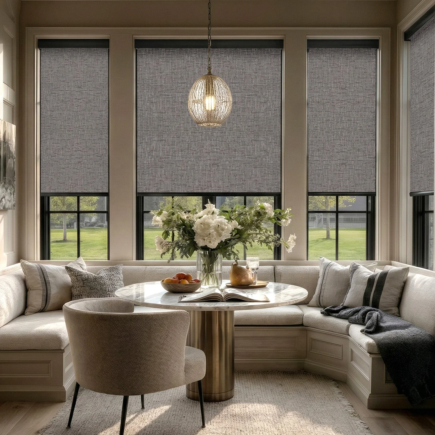 Motorized roller shades in a breakfast nook