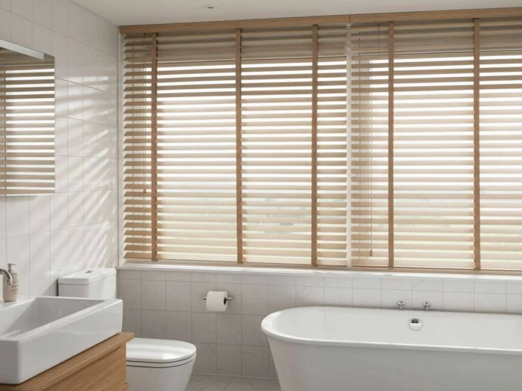 Natural faux wood blinds on bathroom windows