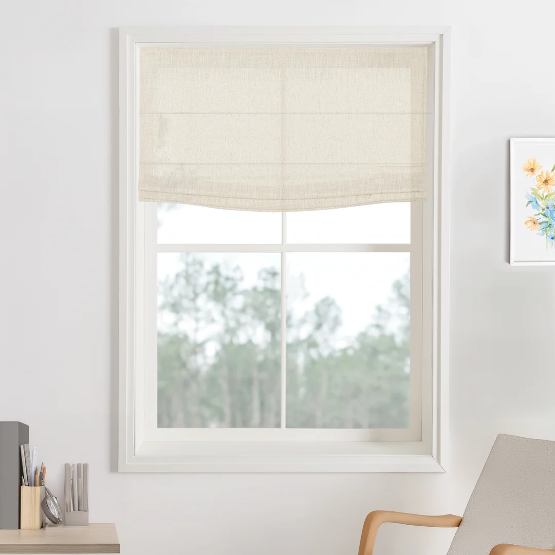 Natural linen roman shade half open