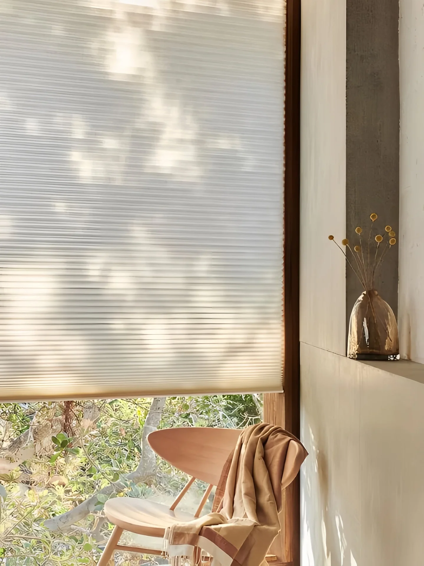 Neutral cellular shade on a corner window