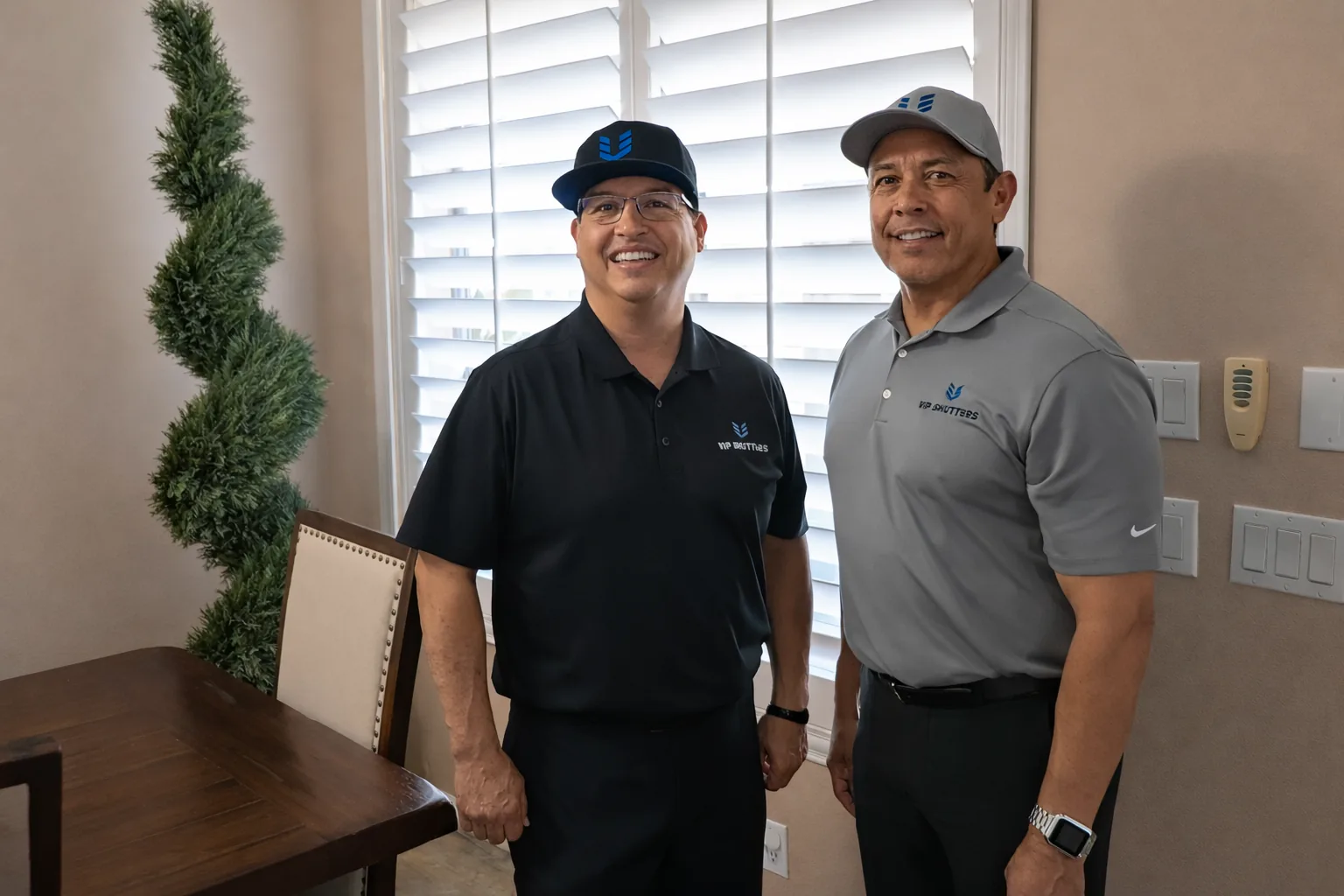 Phil Garcia and Hector Aguilar, owners of VIP Shutters, in a Phoenix Valley home in front of custom plantation shutters