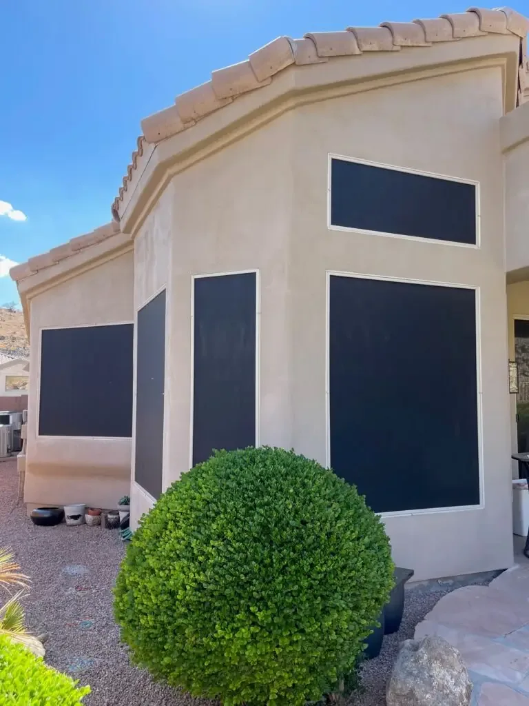 Angled Bay Elevation, sun screens following the angled bay of a desert home with the mountains behind it