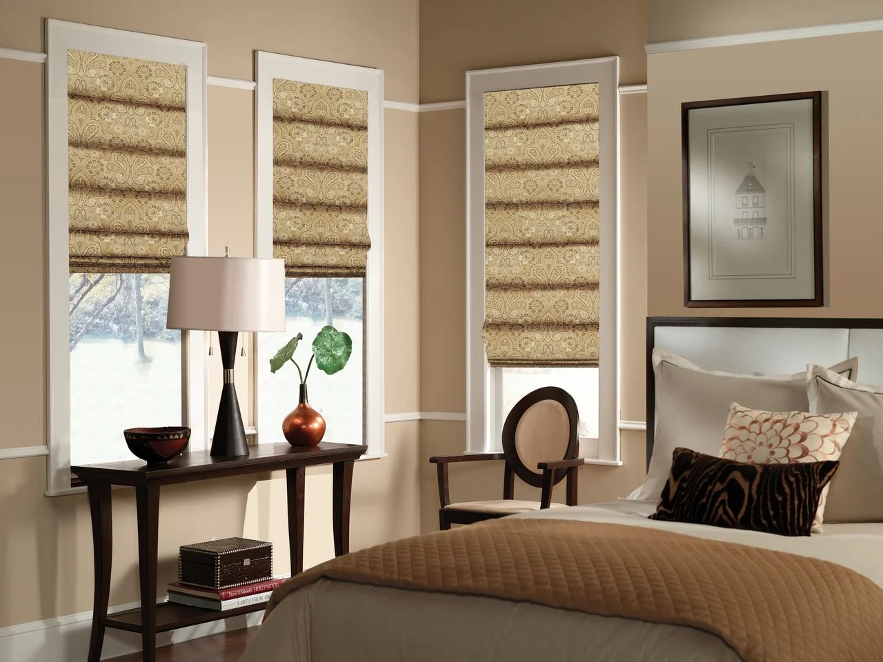 Taupe soft-fold roman shades in a bedroom