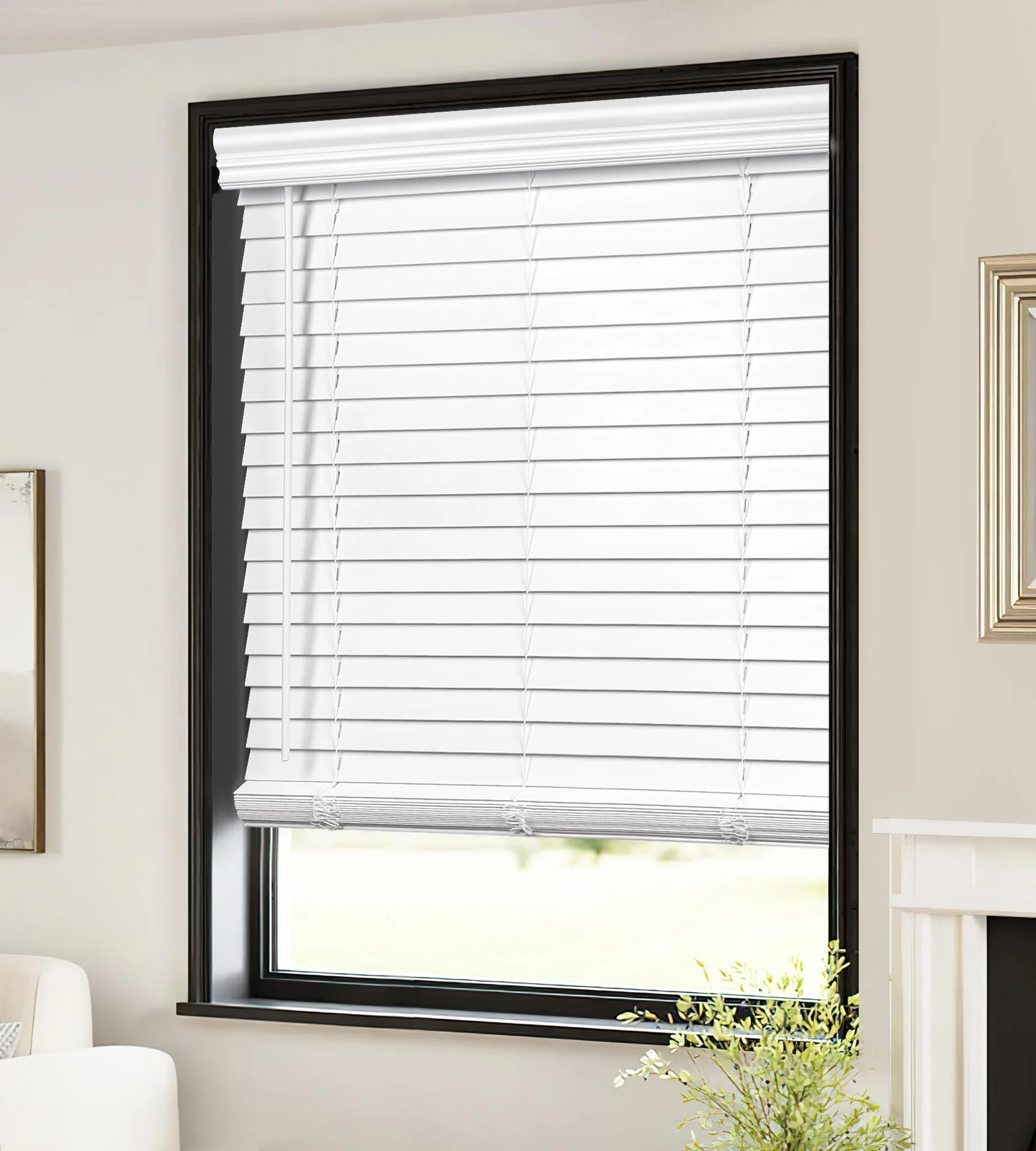 White faux wood blinds on a black-framed window
