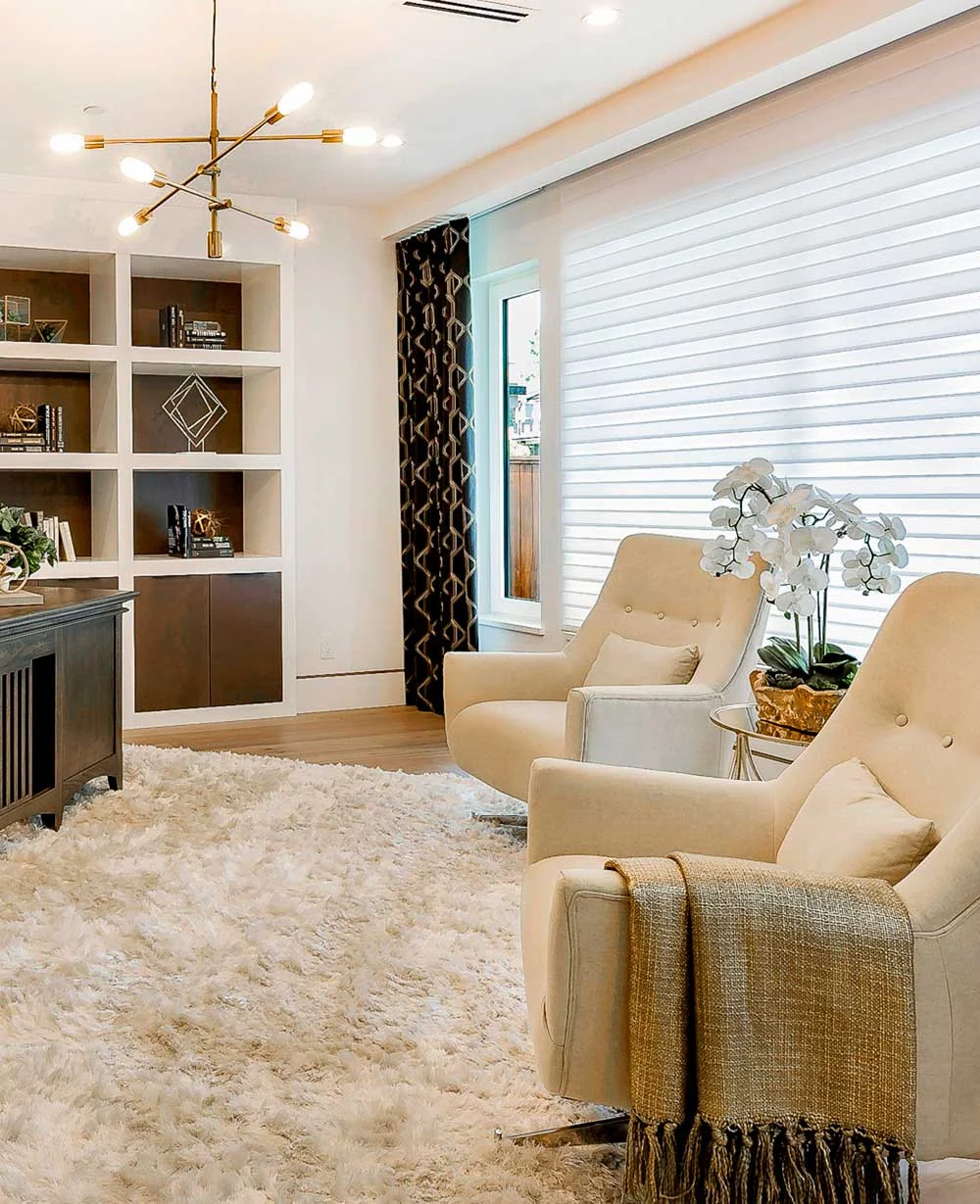 White zebra shades in a sitting room